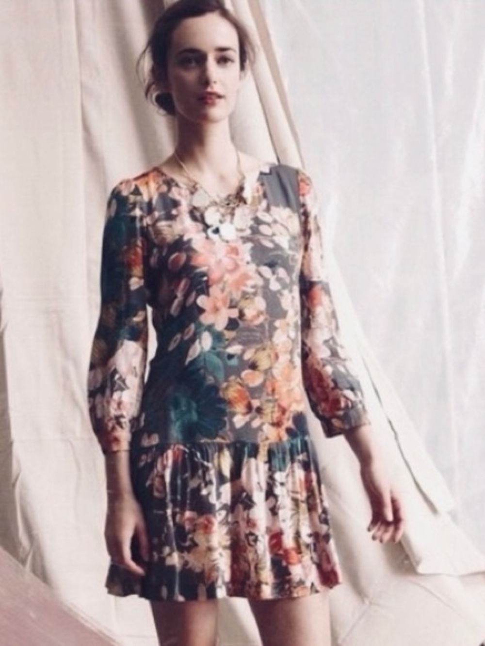 Anthropologie Meadow Rue Floral Drop-Waist Women’s Dress - Charcoal Floral Rare